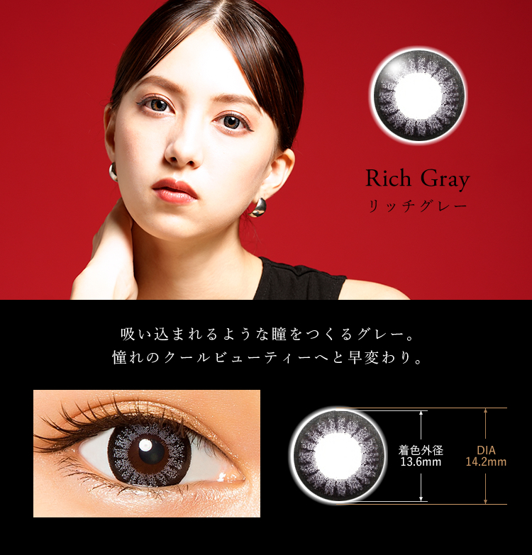 Rich Gray リッチグレー 吸い込まれるような瞳をつくるグレー。憧れのクールビューティーへと早変わり。着色外径13.6　DIA14.2mm