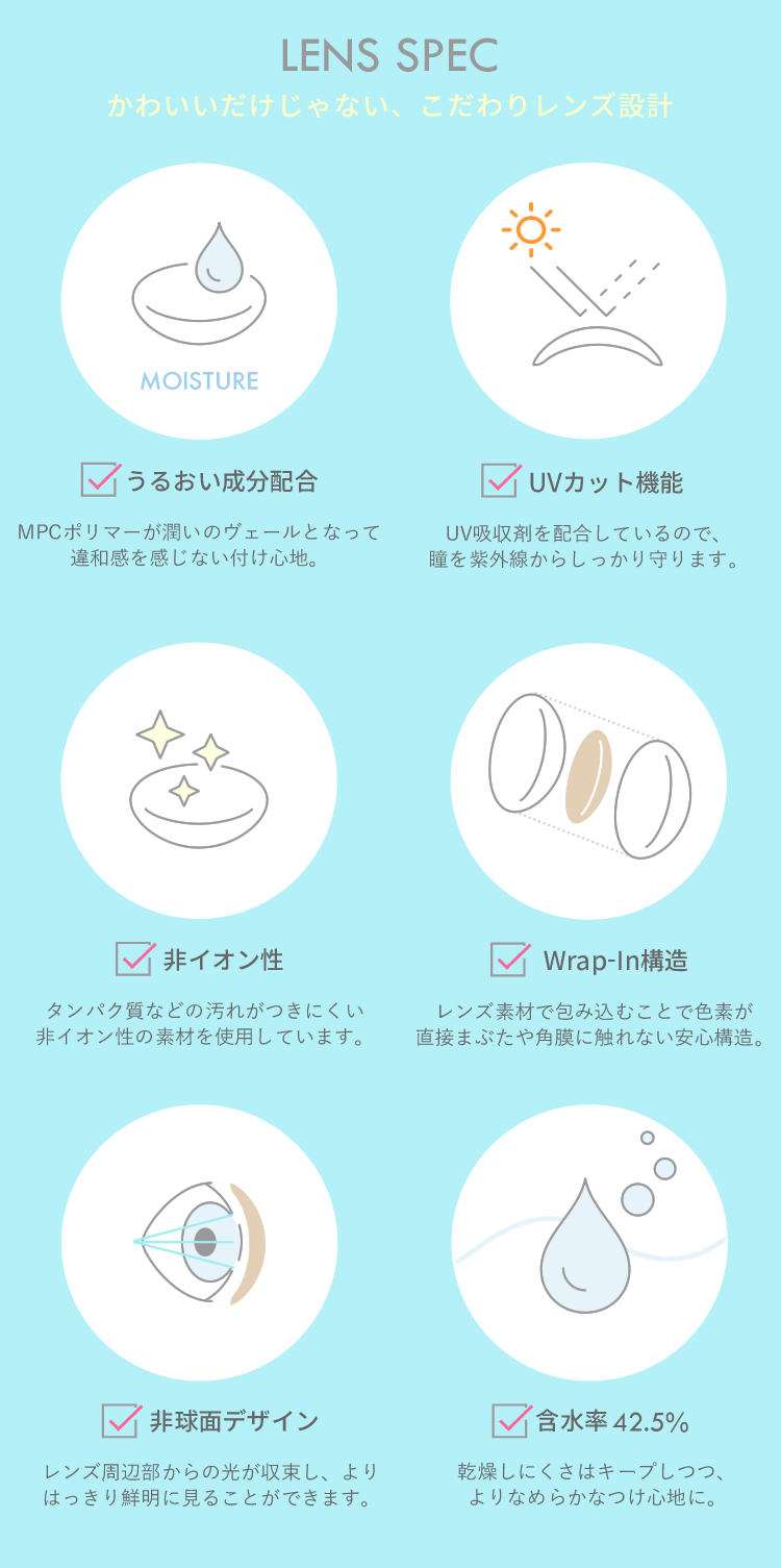 LENS SPEC　かわいいだけじゃない、こだわりレンズ設計　うるおい成分配合　MPCポリマーが潤いのヴェールとなって違和感を感じない付け心地。　UVカット機能　UV吸収剤を配合しているので、瞳を紫外線からしっかり守ります。　非イオン性　タンパク質などの汚れがつきにくい非イオン性の素材を使用しています。　Wrap-In構造　レンズ素材で包み込むことで色素が直接まぶたや角膜に触れない安心構造。　非球面デザイン　レンズ周辺部からの光が収束し、よりはっきり鮮明に見ることができます。　含水率42.5％　乾燥しにくさはキープしつつ、よりなめらかなつけ心地に。
