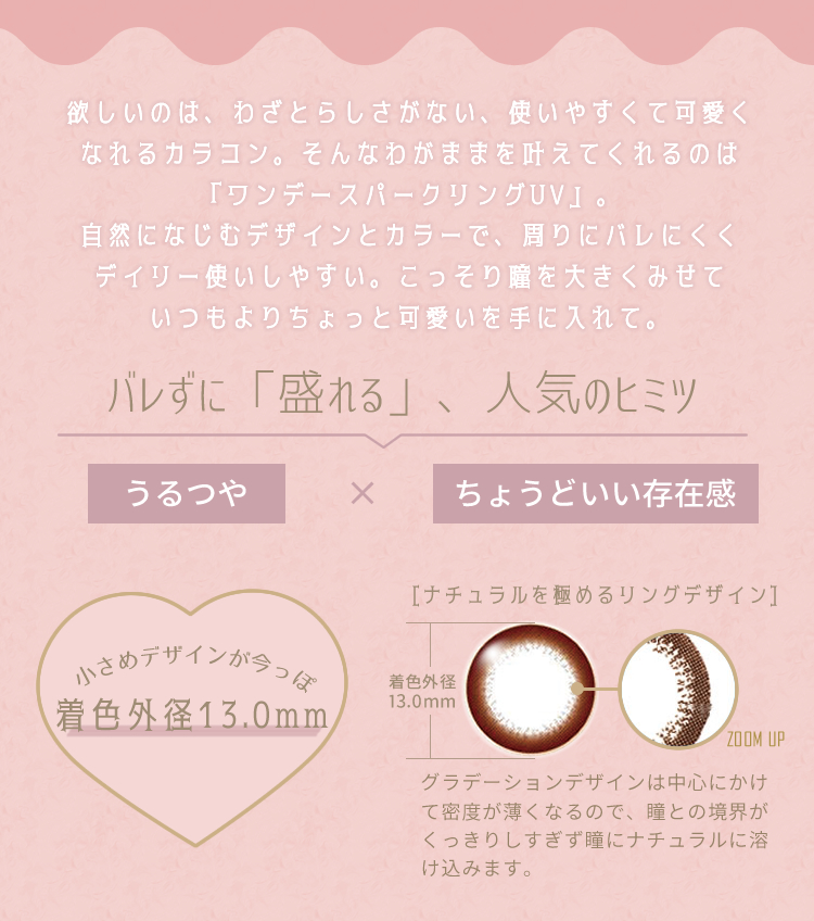 欲しいのは、わざとらしさがない、使いやすくて可愛くなれるカラコン。そんなわがままを叶えてくれるのは、「ワンデースパークリングUV」。自然になじむデザインとカラーで、周りにバレにくく、デイリー使いしやすい。こっそり瞳を大きくみせて、いつもよりちょっと可愛いを手に入れて。　バレずに「盛れる」、人気のヒミツ　うるつや×ちょうどいい存在感　小さめデザインのが今っぽ　着色外径13.0mm　ナチュラルを極めるリングデザイン　グラデーションデザインは中心にかけて密度が薄くなるので、瞳との境界がくっきりしすぎず瞳にナチュラルに溶け込みます。