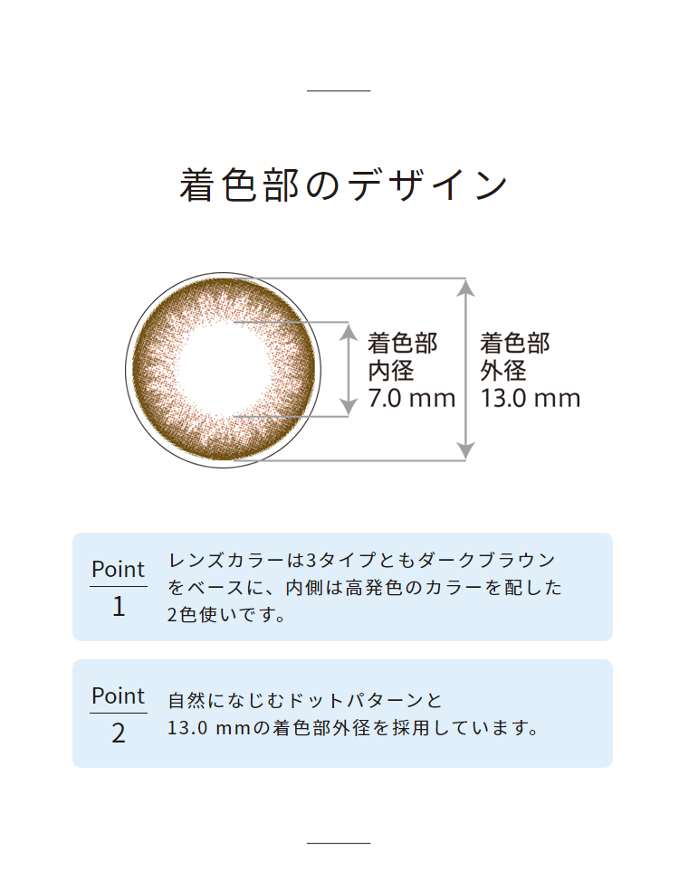 着色部のデザイン　着色部外径13.0mm　着色部内径7.0mm　Point1 レンズカラーは3タイプともダークブラウンをベースに、内側は高発色のカラーを配した2色使いです。　Point2　自然になじむドットパターンと13.0mmの着色部外径を採用しています。