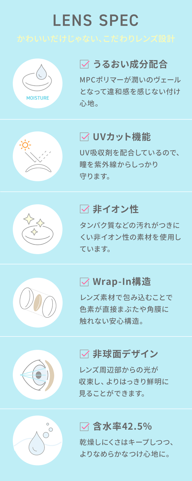 ワンデースパークリングジュエルのレンズスペック｜うるおい成分配合、UVカット、非イオン性、Wrap-In構造、非球面デザイン、含水率42.5％